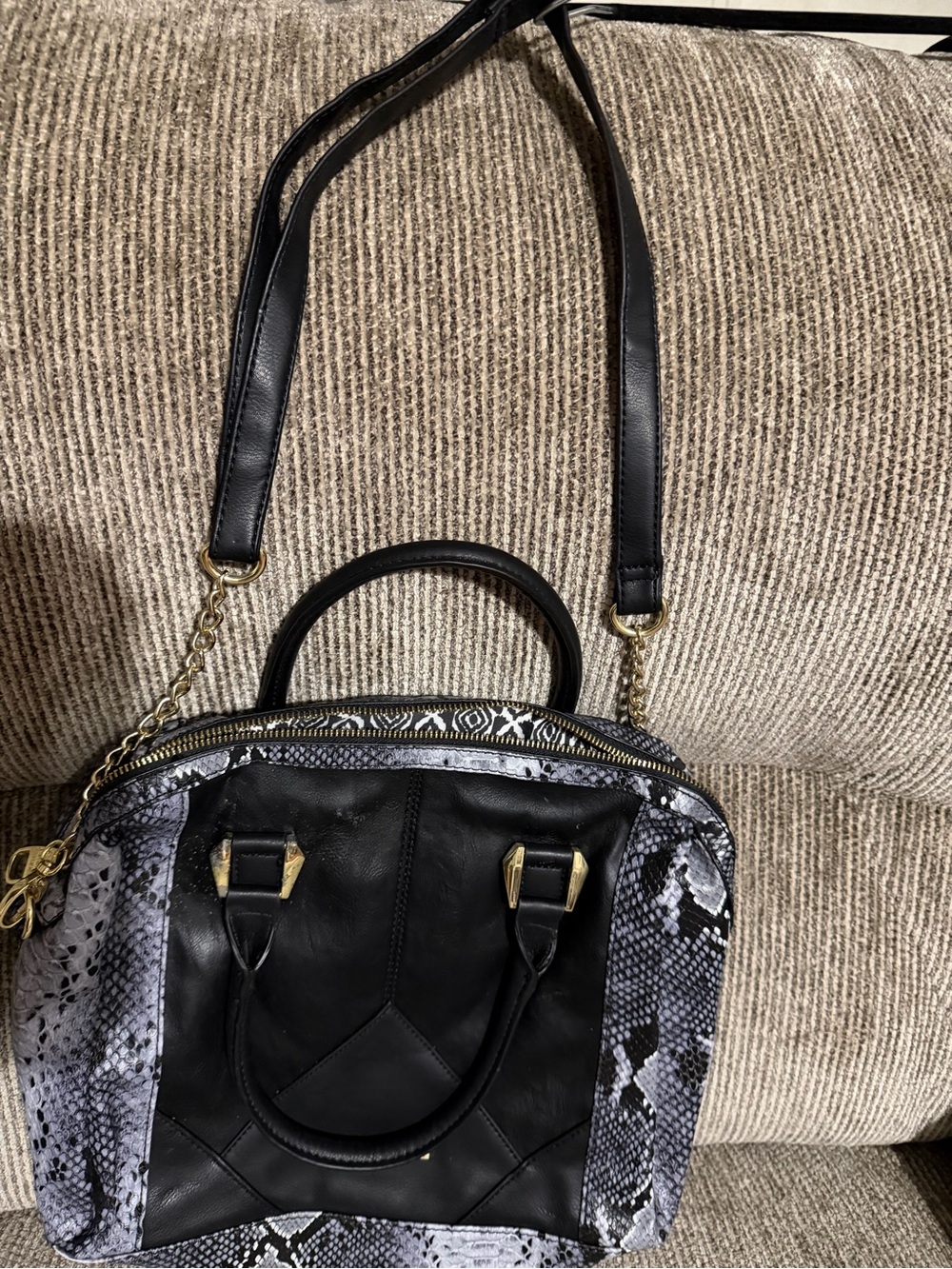 Steve Madden Black Handbag with Gray Snake-Print Accents